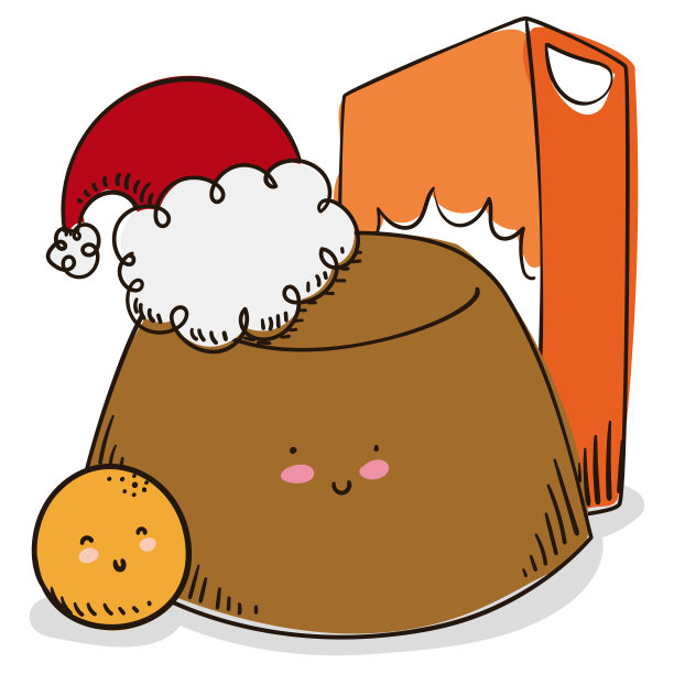 可爱的奶油蛋羹与圣诞老人的帽子，盒子和油炸庆祝圣诞节，矢量插图图片下载