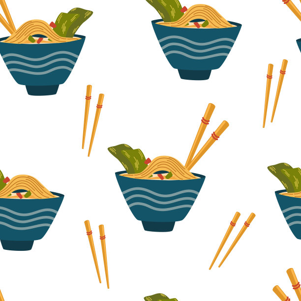 拉面图案无缝。亚洲食物背景。完美的餐厅咖啡馆和打印菜单。矢量手绘卡通插图。图片下载