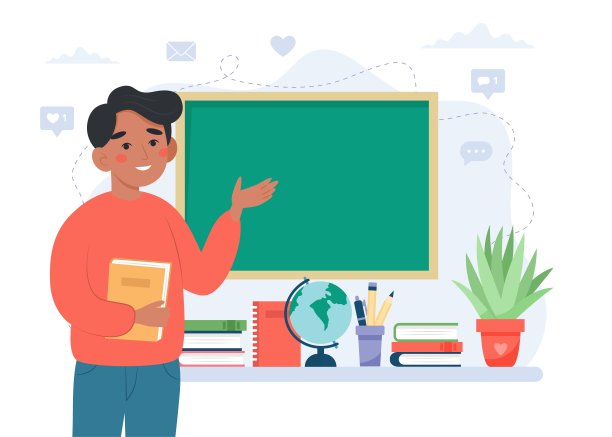 老师在教室里。学校和学习理念，教师节。可爱的矢量插图在平面卡通风格图片下载