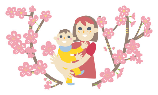 年轻的母亲和婴儿集插图材料围绕在樱花图片下载