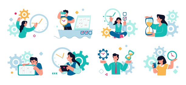 时间管理。商务人士安排时间。组织的任务。计划表和沙漏。企业家议程。培训计划。时钟和日历。完成的目标选中。向量平坦集图片下载