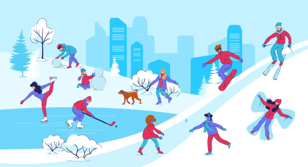 冬季滑雪公园。一家人在大自然中玩雪。人们走路和堆雪人。户外活动。滑冰和滑雪。全景冷镇景观。矢量平面图图片下载