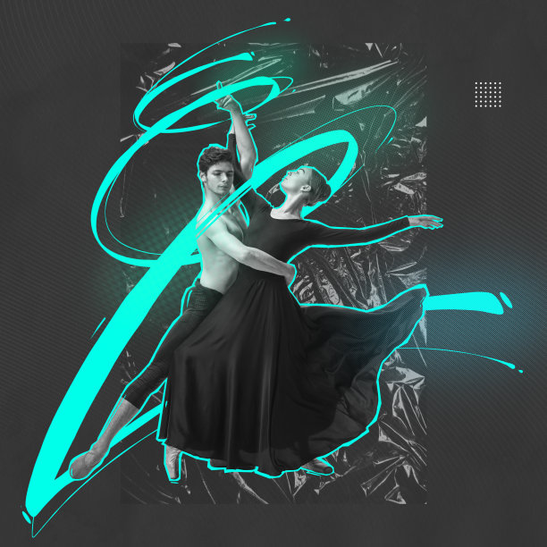 表达、感受、激情和爱。艺术作品与情感情侣舞者在运动，行动在灰色背景与皱塑料玻璃纸效果与酸的颜色线。图片下载