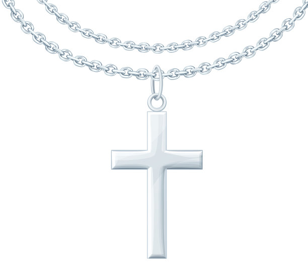 银色十字架与链矢量图标隔离在白色背景，金属项链插图，宗教珠宝的象征图片下载