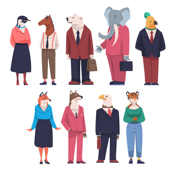 动物办公室职员穿着正式的公司套装站立向量集图片下载