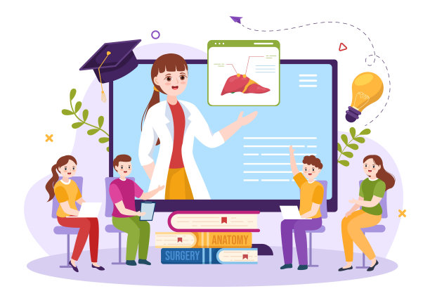 医学院与学生听医生讲座和学习科学在平面卡通手绘模板插图图片下载