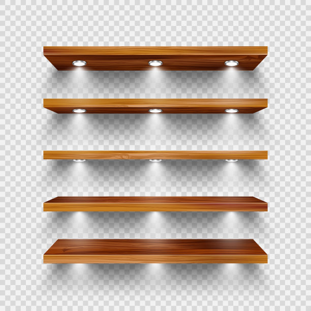 逼真的木制商店货架与照明，聚光灯。空的产品货架，杂货墙货架。商场和超市家具，书架。现代室内设计元素。矢量图图片下载