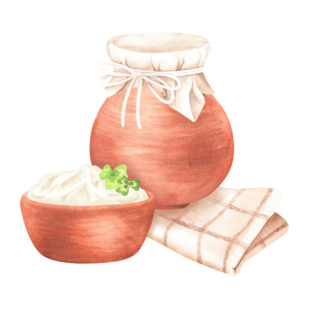 陶罐的牛奶盖上一块布，上面放着一碗奶油。水彩插图。乡村风格的水罐。孤立在白色背景上。用于设计厨房产品，乡村版画，食谱图片下载