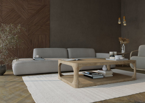 日式客厅室内设计。3D渲染。图片下载