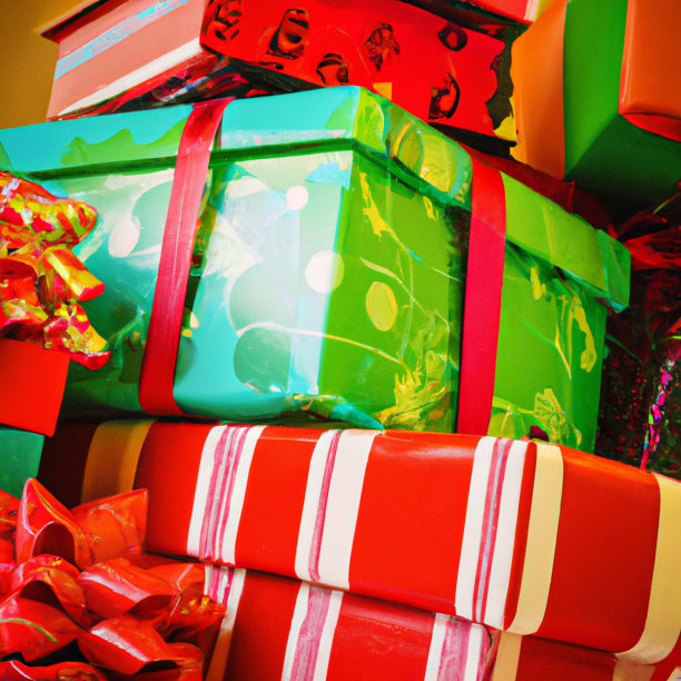 堆叠红色和绿色的圣诞礼物图片下载