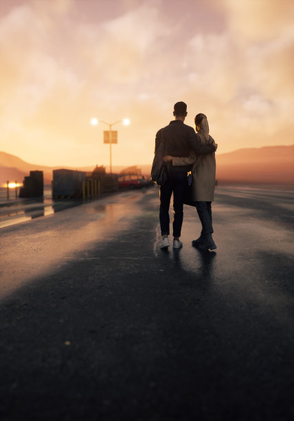 夕阳西下，一男一女抱着包走在潮湿的道路上。后面的观点。3 d渲染。图片下载