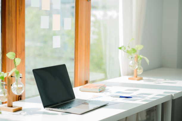 商务办公室桌上有笔记本电脑和财务图表图片下载