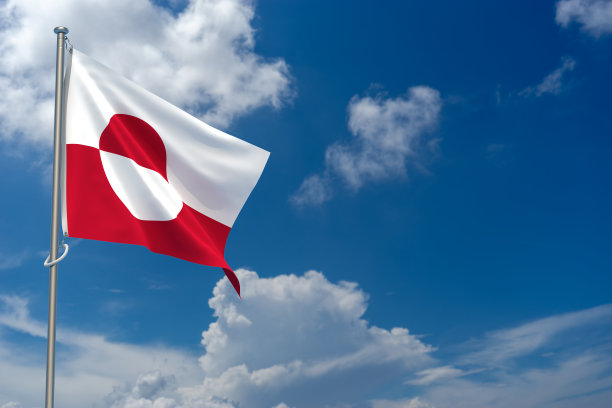 蓝天背景下的格陵兰旗。三维演示图片下载