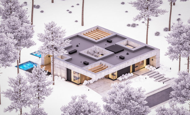 三维渲染的新混凝土房子在冬季晚上的现代风格图片下载