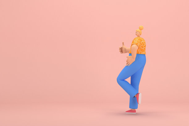 金发扎成发髻的女人穿着蓝色灯芯绒裤子和橙色白色条纹t恤。她说话时总是用手做手势。动画角色在表演中的三维渲染。图片下载