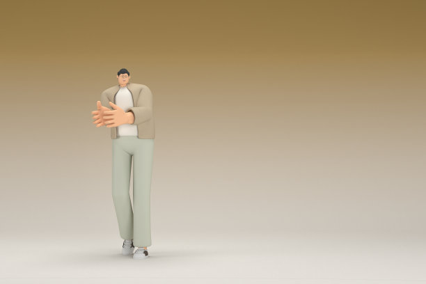 一个戴眼镜戴棕色布的男人。他说话时总是用手做手势。动画角色在表演中的三维渲染。图片下载