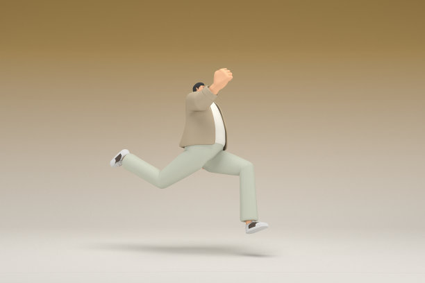 一个戴眼镜、穿着棕色衣服的男人正在跑步。动画角色在表演中的三维渲染。图片下载