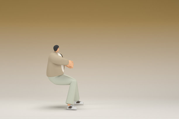 一个戴眼镜戴棕色布的男人。他在拉或推什么东西。动画角色在表演中的三维渲染。图片下载