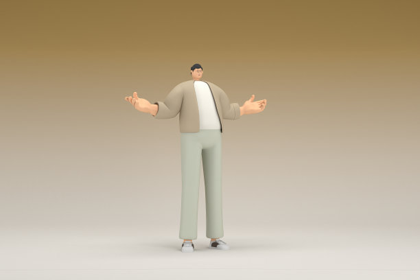 一个戴眼镜戴棕色布的男人。他说话时总是用手做手势。动画角色在表演中的三维渲染。图片下载