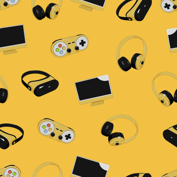 视频游戏无缝模式与控制器，耳机，vr眼镜和显示器。卡通平面设计的壁纸，包装，纺织品印花，背景。图片下载