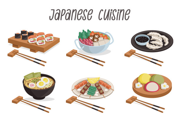 一套6幅日本料理插图:寿司卷、涮涮、拉面、烧烧、饺子、木条麻糬。图片下载