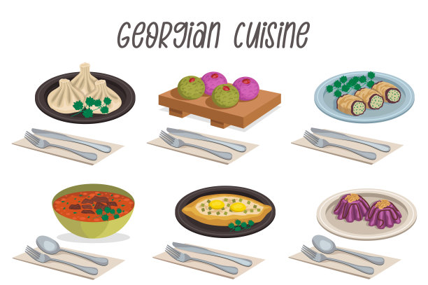 《格鲁吉亚美食》六部插图:Adjarian khachapuri, badrijani, khin卡莉，kharcho, pkhali，可爱的笔名。图片下载