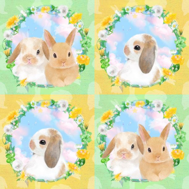 可爱的兔子和蒲公英花环和蓝色的天空在兔年的无缝图案插图，中国生肖标志为2023年，或复活节兔子图片下载