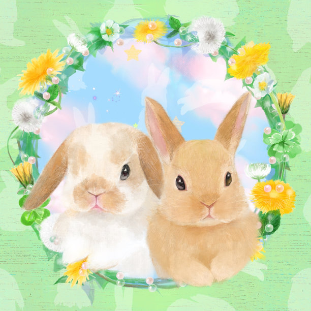 可爱的兔子和蒲公英花环和蓝色的天空在兔年的无缝图案插图，中国生肖标志为2023年，或复活节兔子图片下载