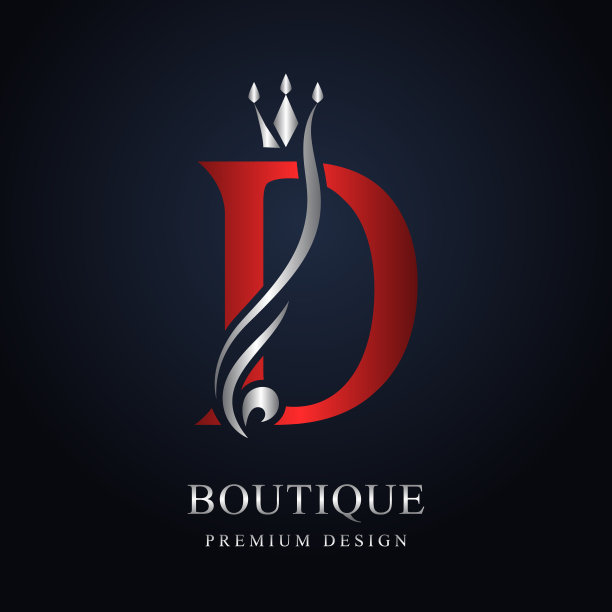 红色大写字母D配银色皇冠。优雅的皇家风格。漂亮的书法标志。为书籍设计，品牌名称，名片，餐厅，精品店复古优雅的徽章。矢量图图片下载