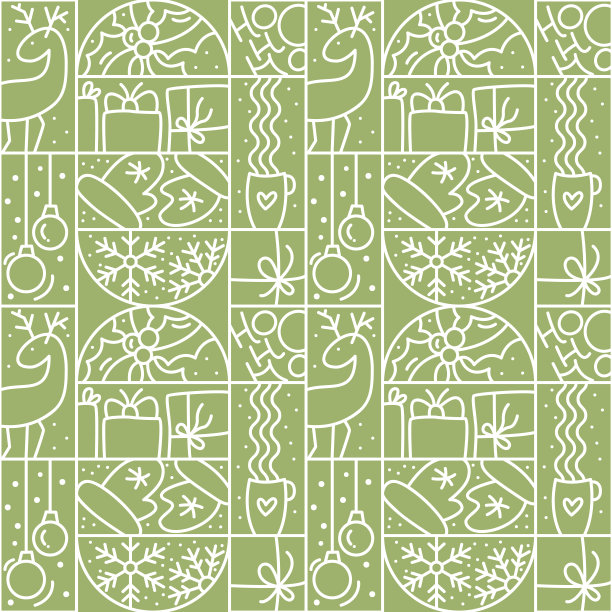 圣诞标志降临无缝模式雪花，礼盒，房子，花环，袜子和树在绿色的背景。手绘单线冬季矢量构造贺卡图片下载