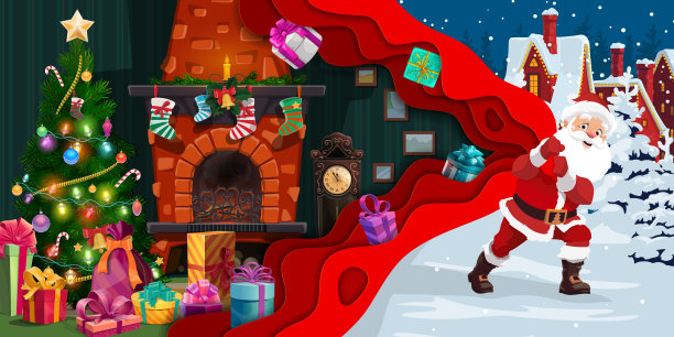 圣诞剪纸卡通圣诞老人与礼物袋图片下载