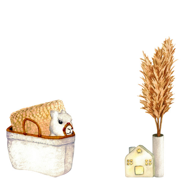 水彩画室内客厅柳条篮，玩具喇嘛，陶瓷房子灯笼和干花花瓶。剪纸艺术框架。白色背景上的家居装饰元素。图片下载