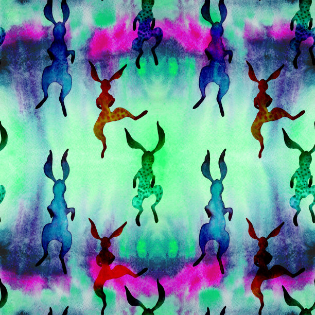 兔子在跑。水彩背景上的动物插图。无缝模式。使用印刷材料，标志，物品，网站，地图，海报，传单，包装。图片下载