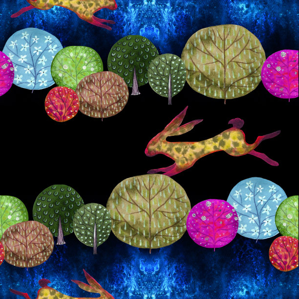 兔子在跑。水彩背景上的动物插图。无缝模式。使用印刷材料，标志，物品，网站，地图，海报，传单，包装。图片下载