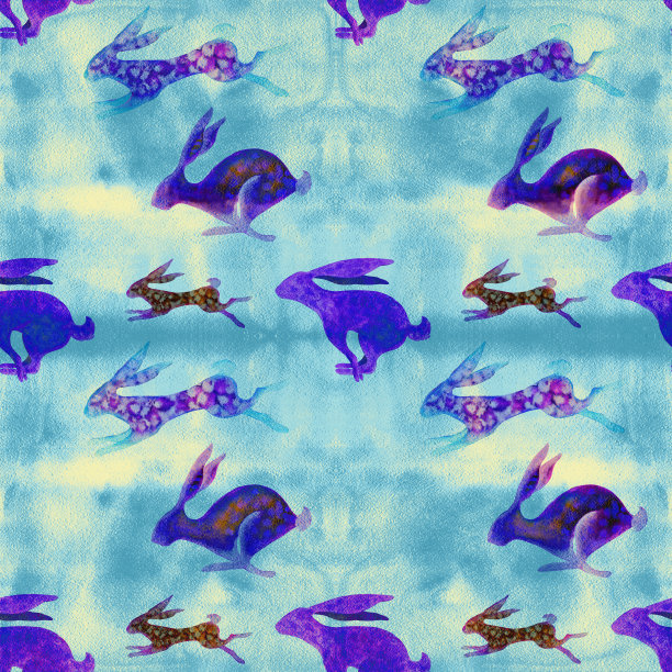 兔子在跑。水彩背景上的动物插图。无缝模式。使用印刷材料，标志，物品，网站，地图，海报，传单，包装。图片下载