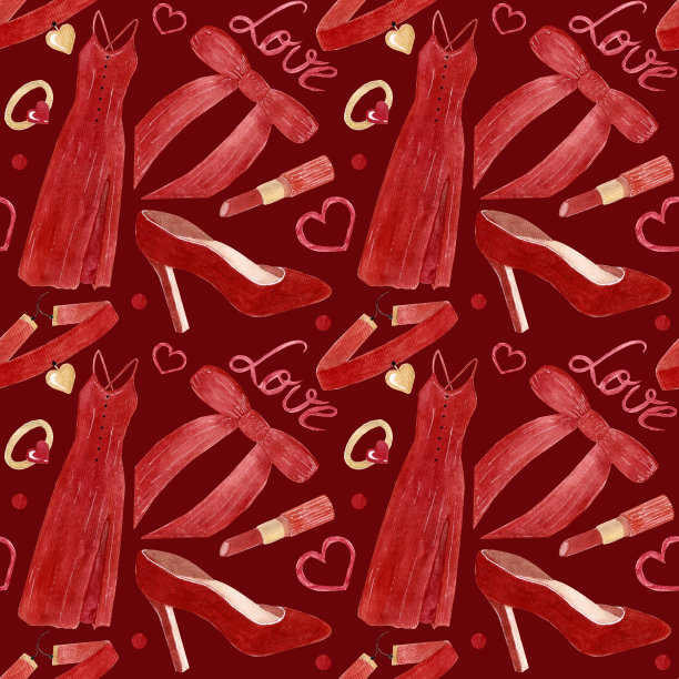 无缝水彩明亮的图案，各种女性时尚的配件，衣服，珠宝在红色背景上的红色。图片下载