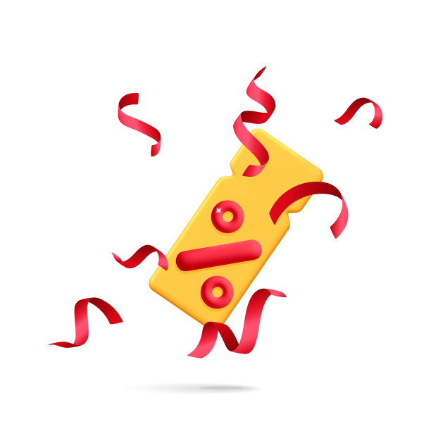 3d矢量黄色折扣销售券优惠券在卡通渲染风格与红色百分比符号和纸屑图片下载