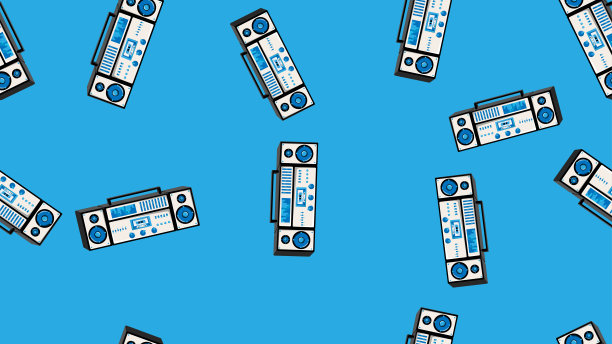 无缝模式无穷无尽的音乐音频卡带老式复古录音机复古潮从70年代，80年代，90年代隔离在蓝色背景。矢量图图片下载