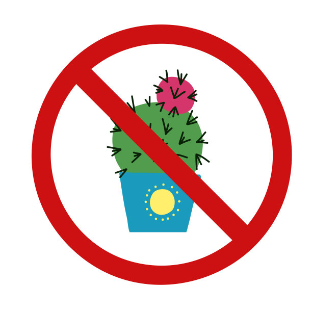 禁止传病媒介的标志和花盆中的仙人掌。不要触摸有刺的室内植物。禁止种植危险植物。图片下载
