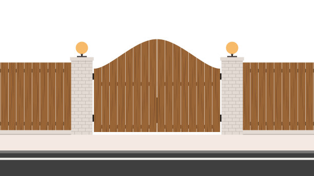 木质车道大门。木门。拱形砖门。栏杆向量。墙栅栏。房子门矢量。图片下载