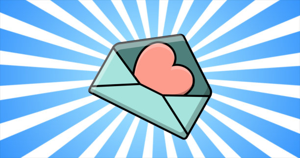 一个喜庆的信封，里面有一封情人节的情书，在蓝光的背景下，一颗红心从信封里飞了出来。抽象的背景图片下载