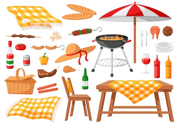 夏日野餐元素。毯子，篮子和户外周末烧烤食物。生活方式矢量插画集图片下载