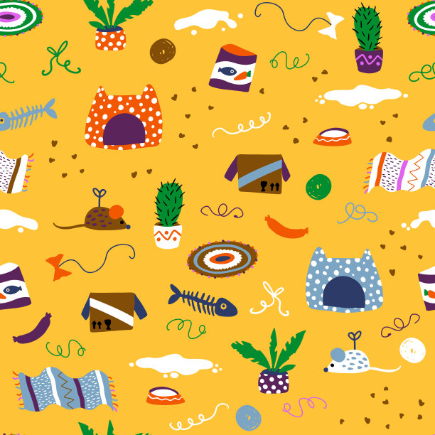 无缝模式。有趣的五颜六色的家猫乱，散落的玩具，和食物。托儿所矢量手绘插图在简单的斯堪的纳维亚风格，理想的印刷婴儿纺织品，面料。图片下载