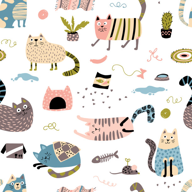 猫的花纹无缝。不同姿势的搞笑角色，屋子里乱七八糟的。托儿所矢量手绘插图在简单的斯堪的纳维亚风格，柔和的调色板理想的印刷婴儿纺织品，面料。图片下载