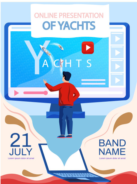 游艇的在线展示，网站与视频帆船漂浮在海洋，广告海报图片下载