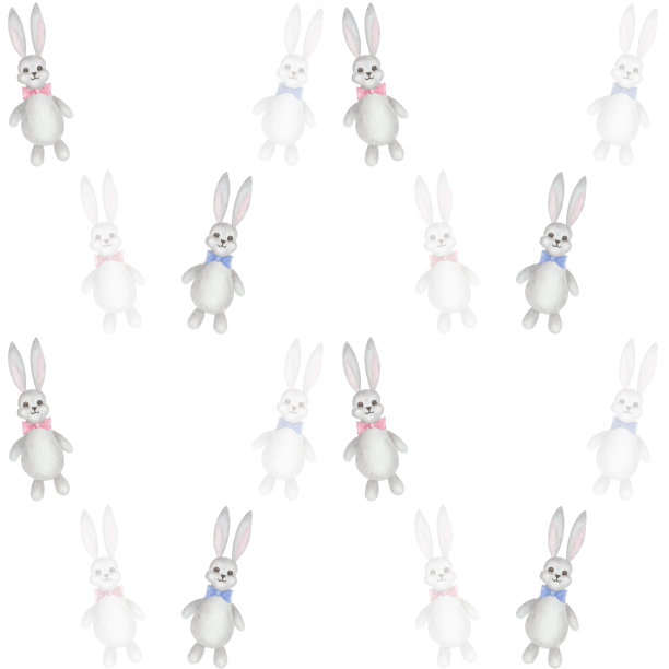 水彩无缝图案。手绘插图的灰色兔子，兔子与粉红色和蓝色的蝴蝶结。可爱的卡通兔子玩具。印刷在白色背景的儿童织物纺织，壁纸，包装图片下载