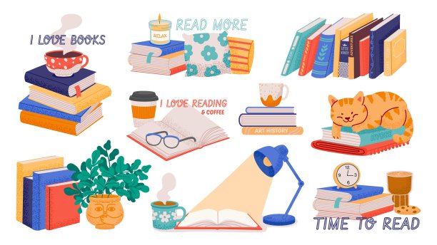 成堆的书。卡通色彩的图书馆书店元素堆叠，学校学术科学教材为阅读爱好者扁平化的风格。向量隔离集图片下载