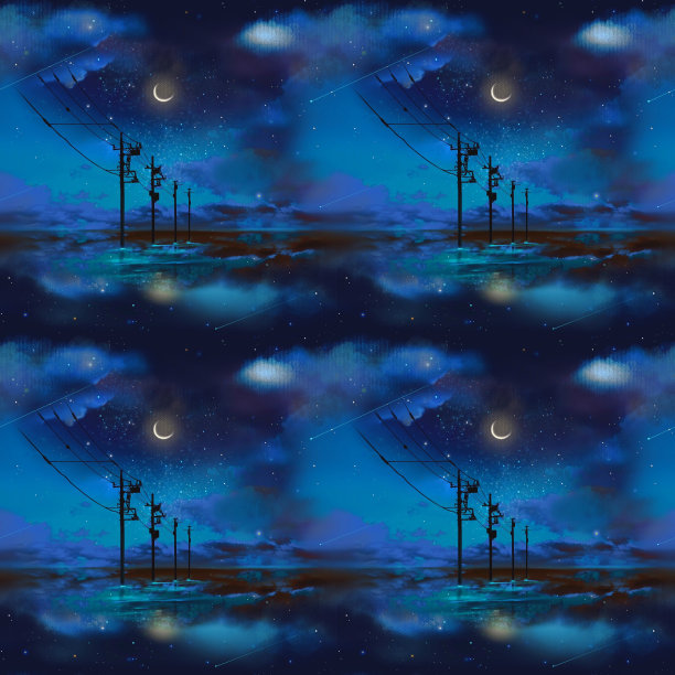 月亮在夜晚的黑暗中闪耀，星空，矗立在海面的电线杆和通往地平线的电线，神秘的景观无缝图案插图图片下载