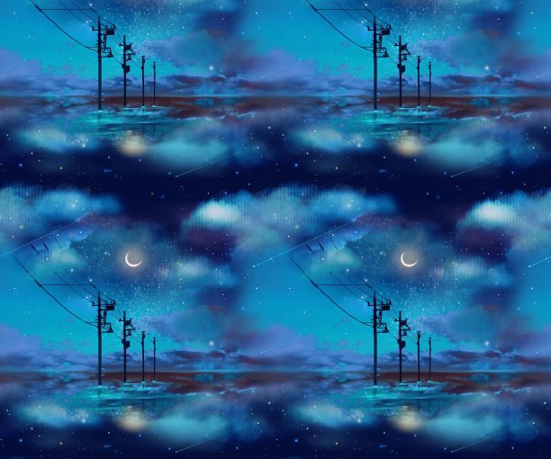 月亮在夜晚的黑暗中闪耀，星空，矗立在海面的电线杆和通往地平线的电线，神秘的景观无缝图案插图图片下载