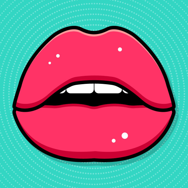 粉红色的嘴唇配上蓝色的背景。波普艺术海报。矢量简单插图。图片下载